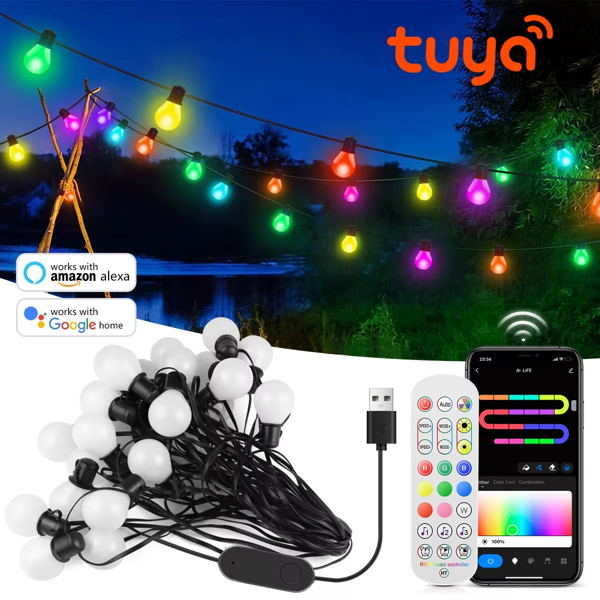 Tuya Smart WIFI LED Bulb String Light USB 15M 25 Bulbs Fairy Lights Christmas Room Outdoor Garden Decor Wedding LED Garland Lamp