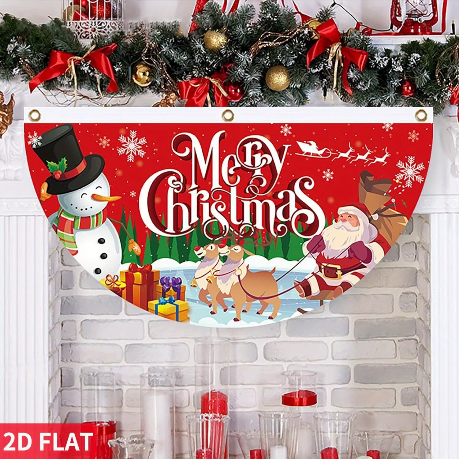 5 Pcs A Set 2d flat Christmas Red Fan Banner, Merry Christmas Fan Hanging Flag Banner, Christmas Banners 1.5 x 3 ft(45x90cm)