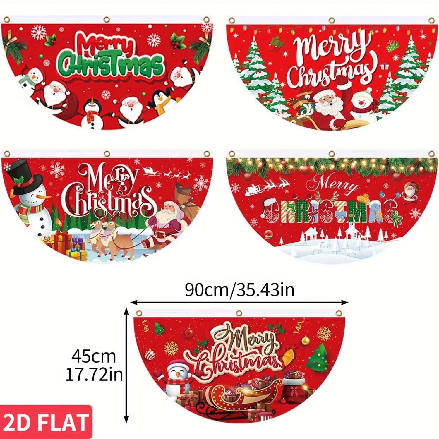 5 Pcs A Set 2d flat Christmas Red Fan Banner, Merry Christmas Fan Hanging Flag Banner, Christmas Banners 1.5 x 3 ft(45x90cm)