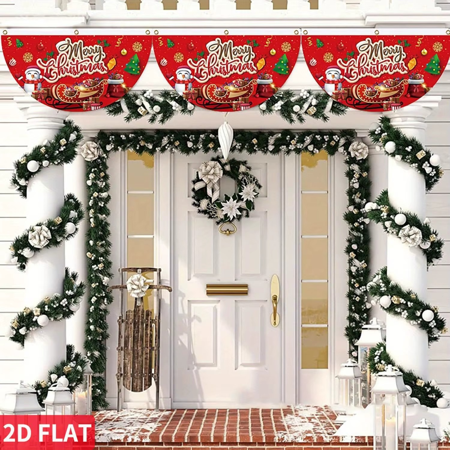 5 Pcs A Set 2d flat Christmas Red Fan Banner, Merry Christmas Fan Hanging Flag Banner, Christmas Banners 1.5 x 3 ft(45x90cm)