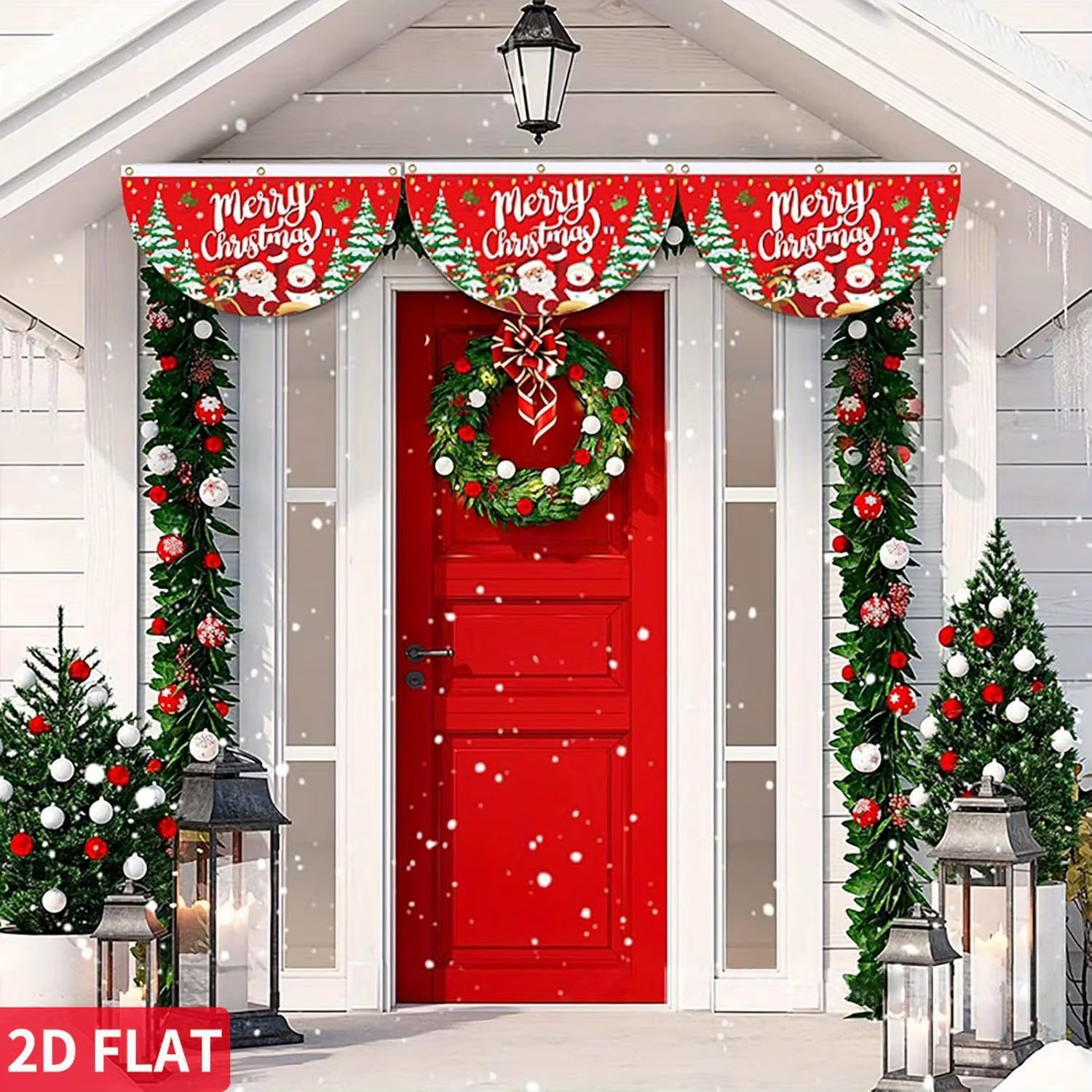 5 Pcs A Set 2d flat Christmas Red Fan Banner, Merry Christmas Fan Hanging Flag Banner, Christmas Banners 1.5 x 3 ft(45x90cm)