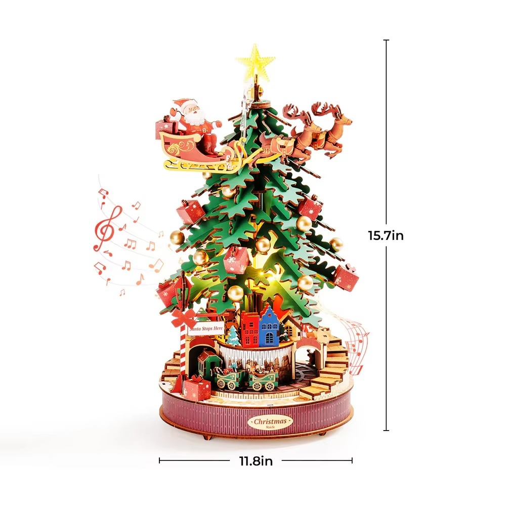 Robotime Rolife Christmas Melody Tree Music Boxes 3D Wooden Puzzle with Light Perfect Gifts for Family Easy Assemble Toys