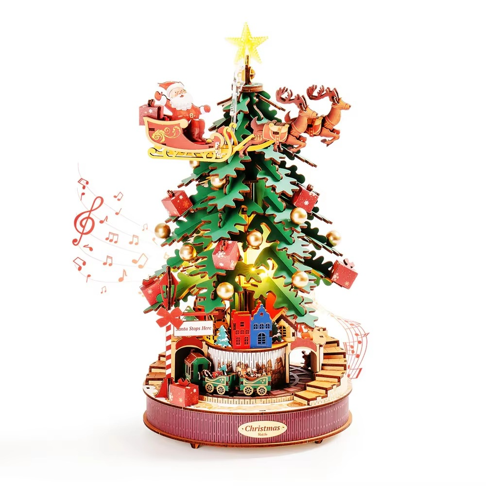 Robotime Rolife Christmas Melody Tree Music Boxes 3D Wooden Puzzle with Light Perfect Gifts for Family Easy Assemble Toys