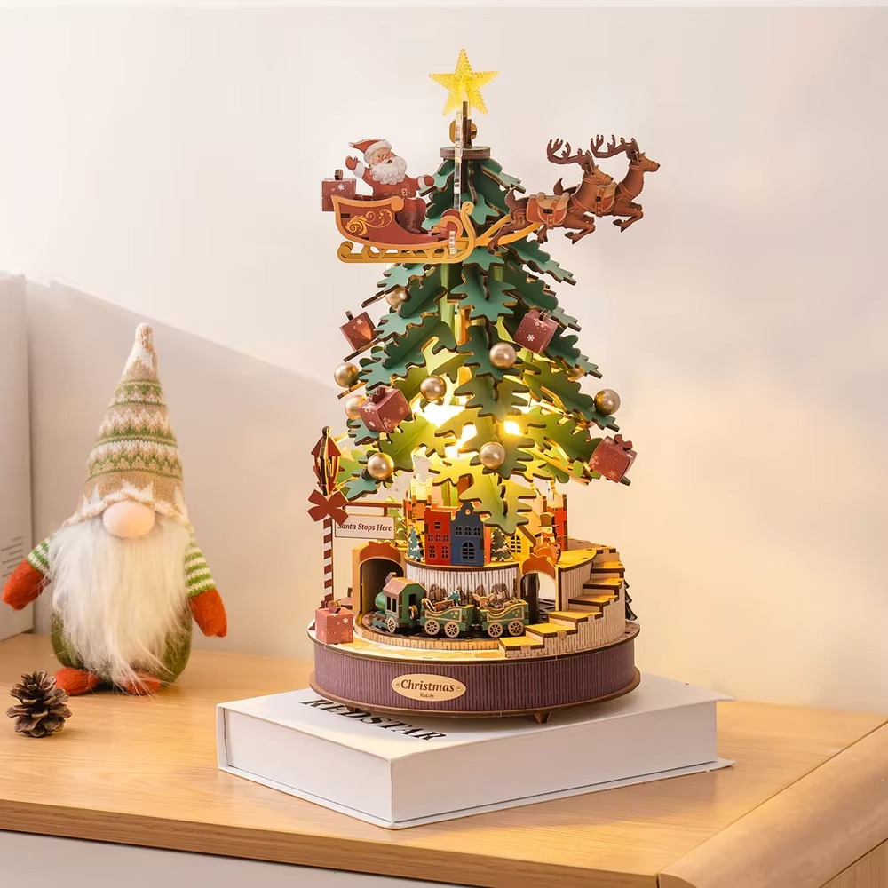 Robotime Rolife Christmas Melody Tree Music Boxes 3D Wooden Puzzle with Light Perfect Gifts for Family Easy Assemble Toys