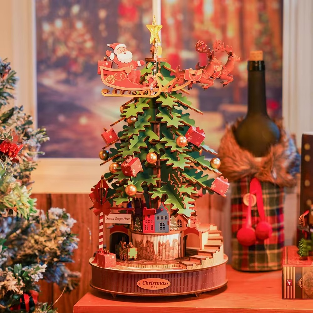 Robotime Rolife Christmas Melody Tree Music Boxes 3D Wooden Puzzle with Light Perfect Gifts for Family Easy Assemble Toys