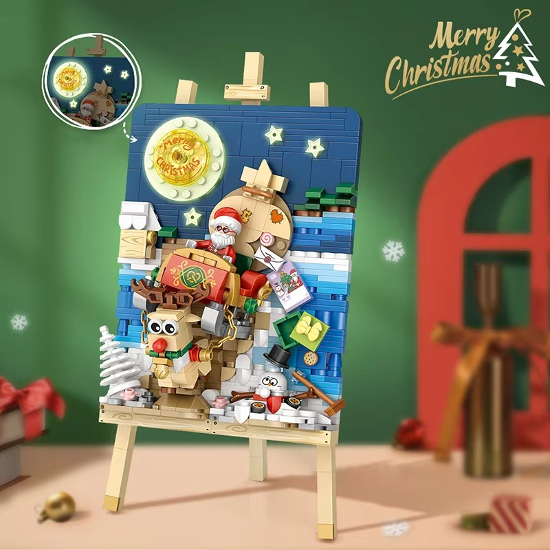MOC Painting Stand Merry Christmas Tree Santa Claus Sleigh Bike Building Blocks Set Drawing Decor Toy Children Holiday Xmas Gift