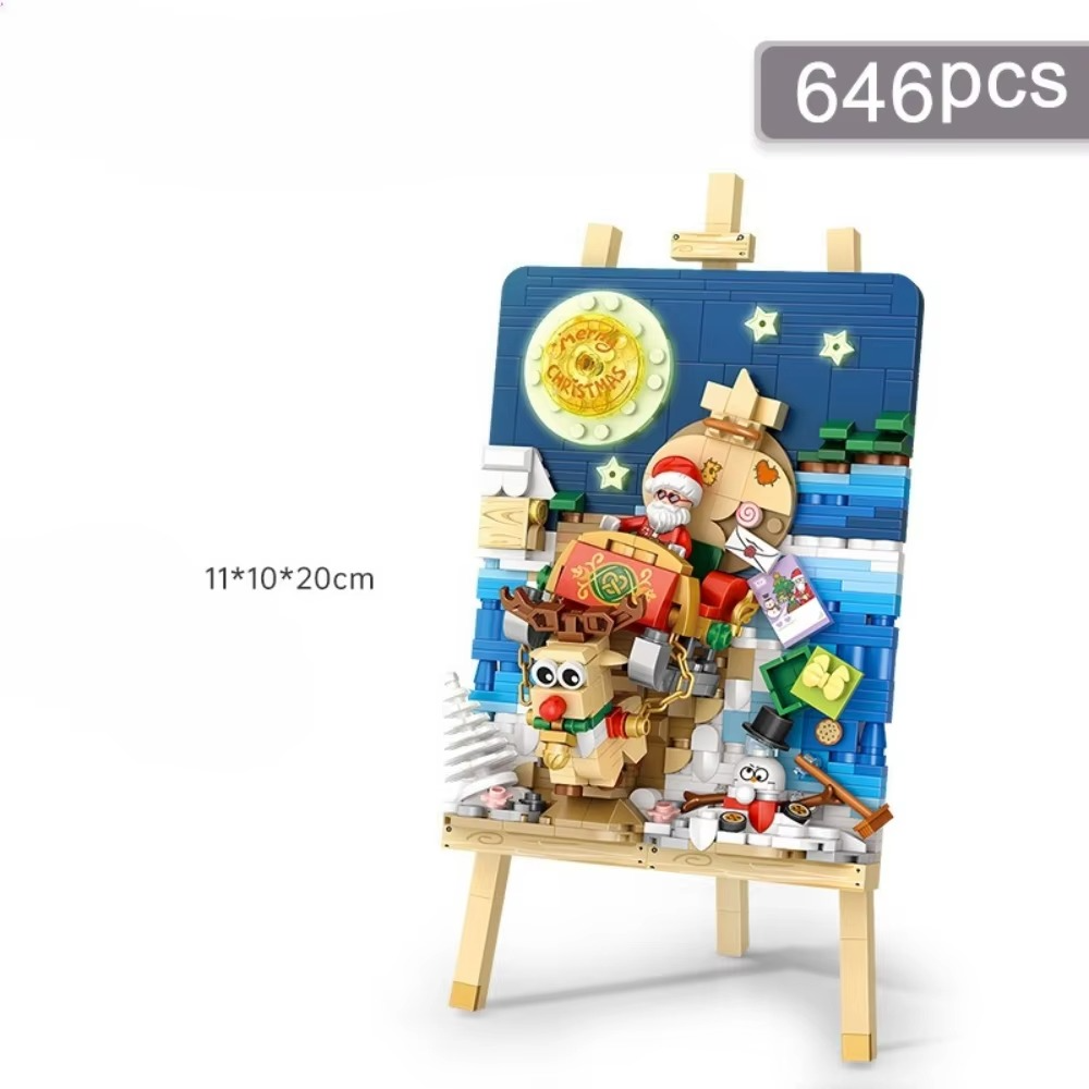MOC Painting Stand Merry Christmas Tree Santa Claus Sleigh Bike Building Blocks Set Drawing Decor Toy Children Holiday Xmas Gift