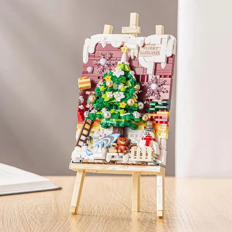 MOC Painting Stand Merry Christmas Tree Santa Claus Sleigh Bike Building Blocks Set Drawing Decor Toy Children Holiday Xmas Gift