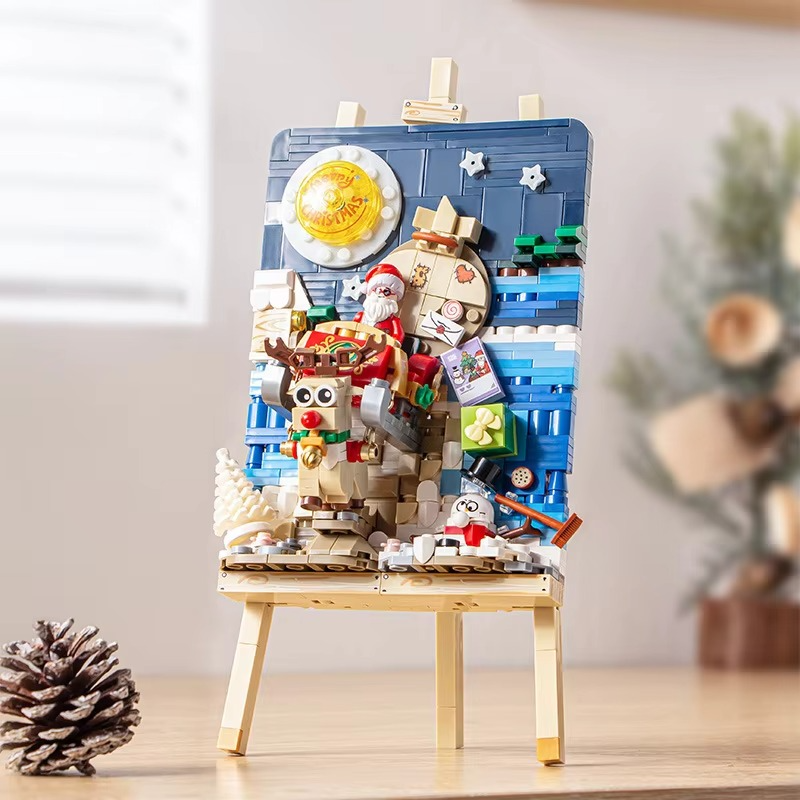 MOC Painting Stand Merry Christmas Tree Santa Claus Sleigh Bike Building Blocks Set Drawing Decor Toy Children Holiday Xmas Gift