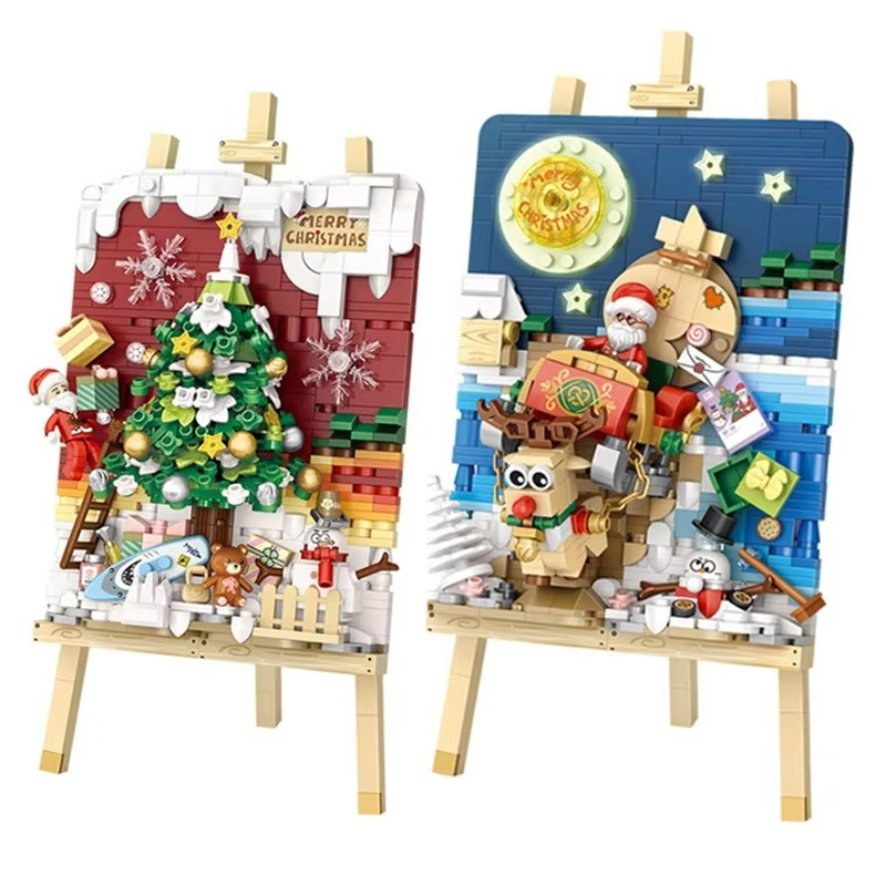 MOC Painting Stand Merry Christmas Tree Santa Claus Sleigh Bike Building Blocks Set Drawing Decor Toy Children Holiday Xmas Gift