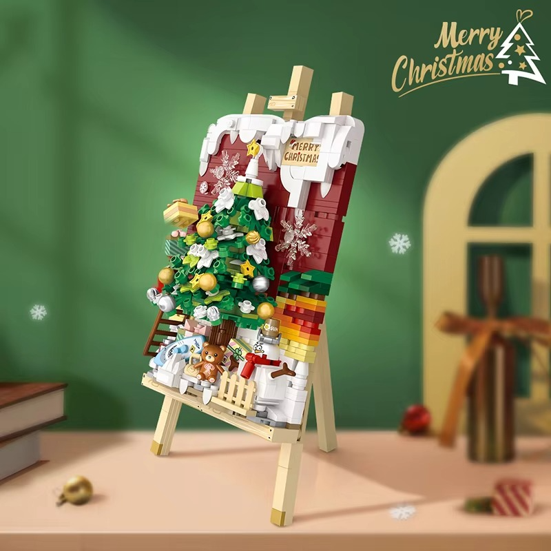 MOC Painting Stand Merry Christmas Tree Santa Claus Sleigh Bike Building Blocks Set Drawing Decor Toy Children Holiday Xmas Gift