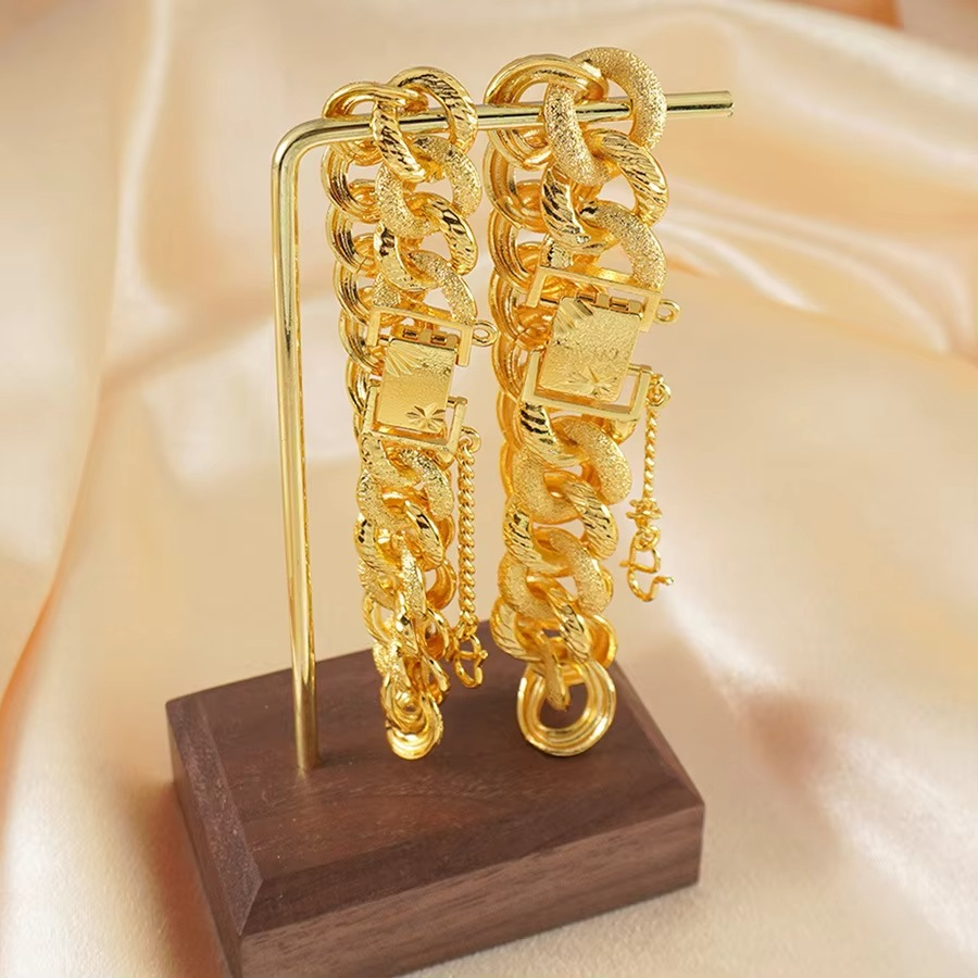 High-quality 9999 gold wrist chain luxury 24K real gold matte Cuban chain bracelet for women hip hop style wedding gorgeous