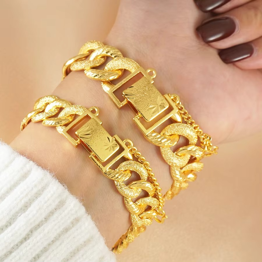 High-quality 9999 gold wrist chain luxury 24K real gold matte Cuban chain bracelet for women hip hop style wedding gorgeous