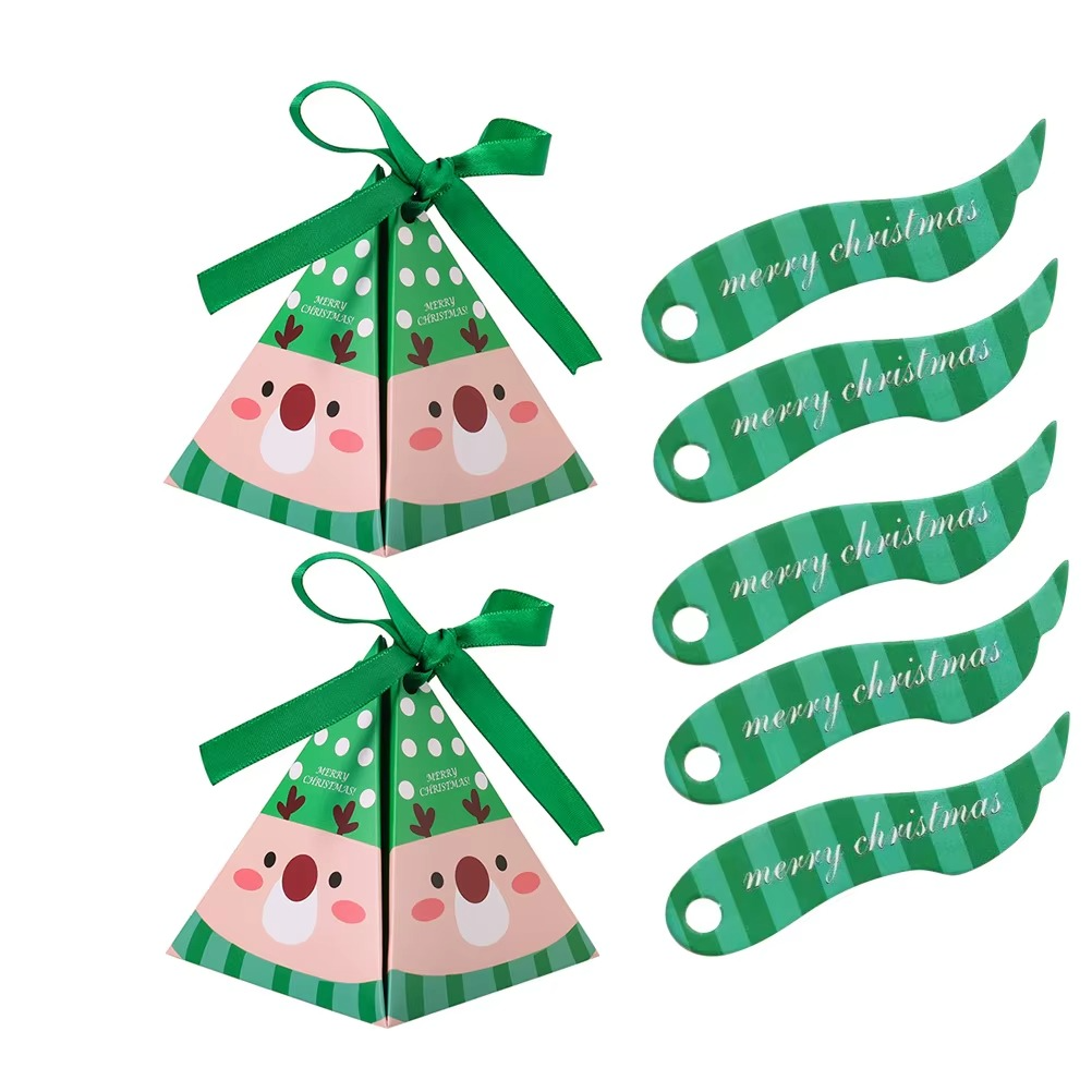 1Set Candy Boxes Paper Pyramid Elk Striped Pattern Green Decorative Party Favor Box Christmas Wedding Shower