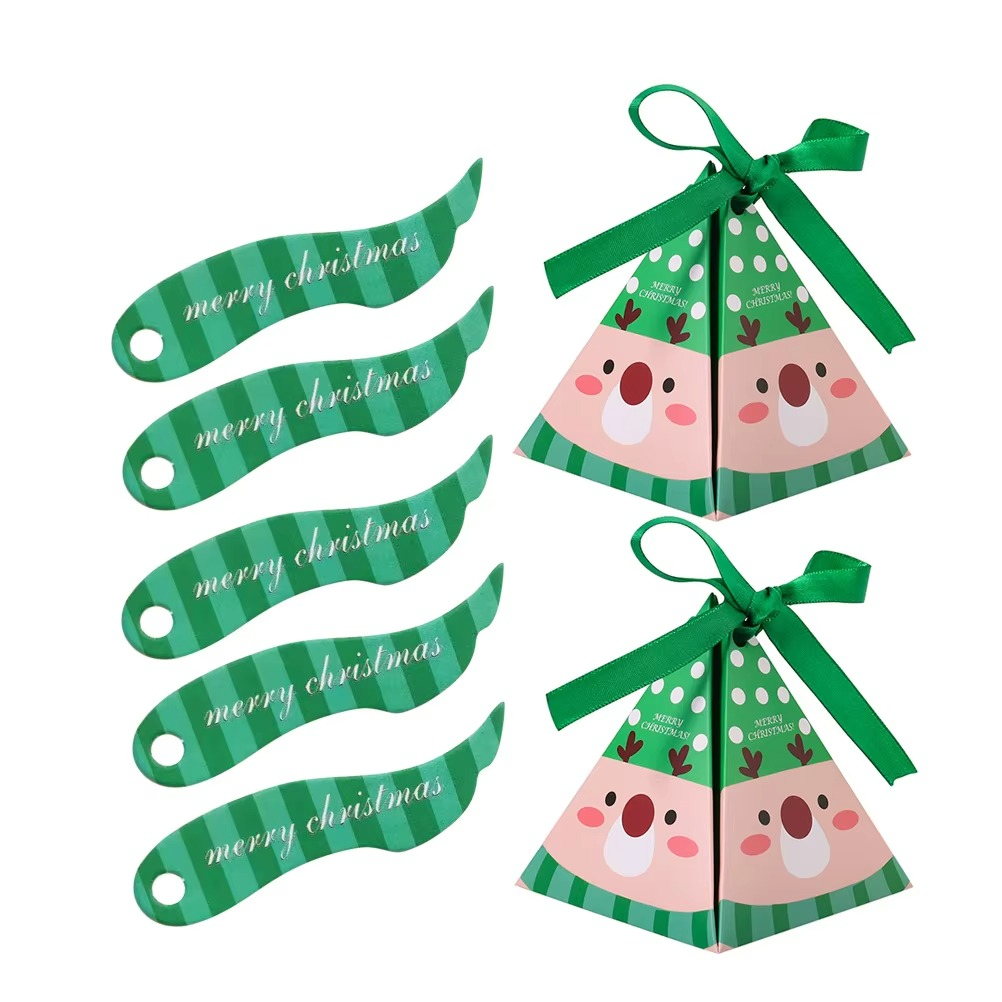 1Set Candy Boxes Paper Pyramid Elk Striped Pattern Green Decorative Party Favor Box Christmas Wedding Shower