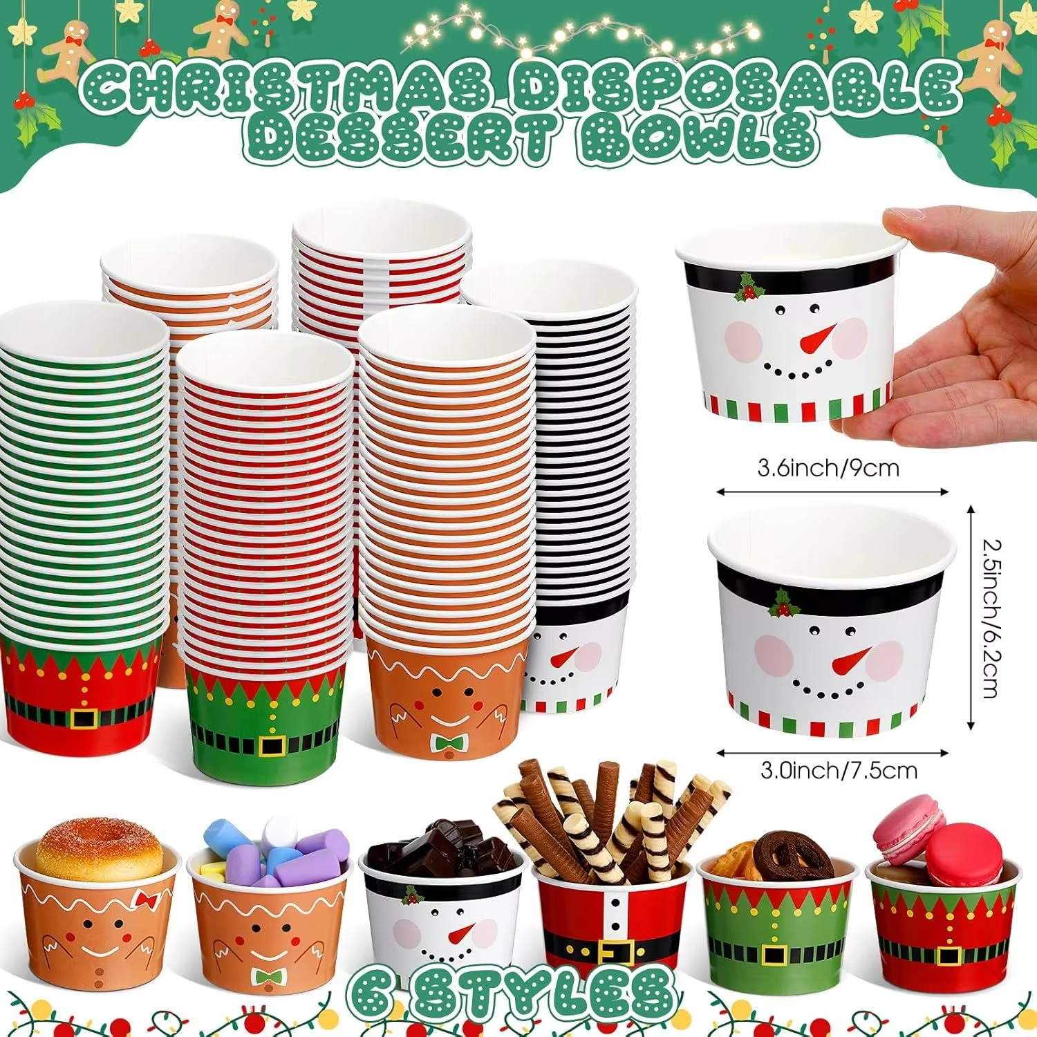 Christmas Ice Cream Bowls Ice Cream Paper Cups Disposable Soup Cups Snack Cups for Kids Picnic Party Decorations for Fruit Hot o