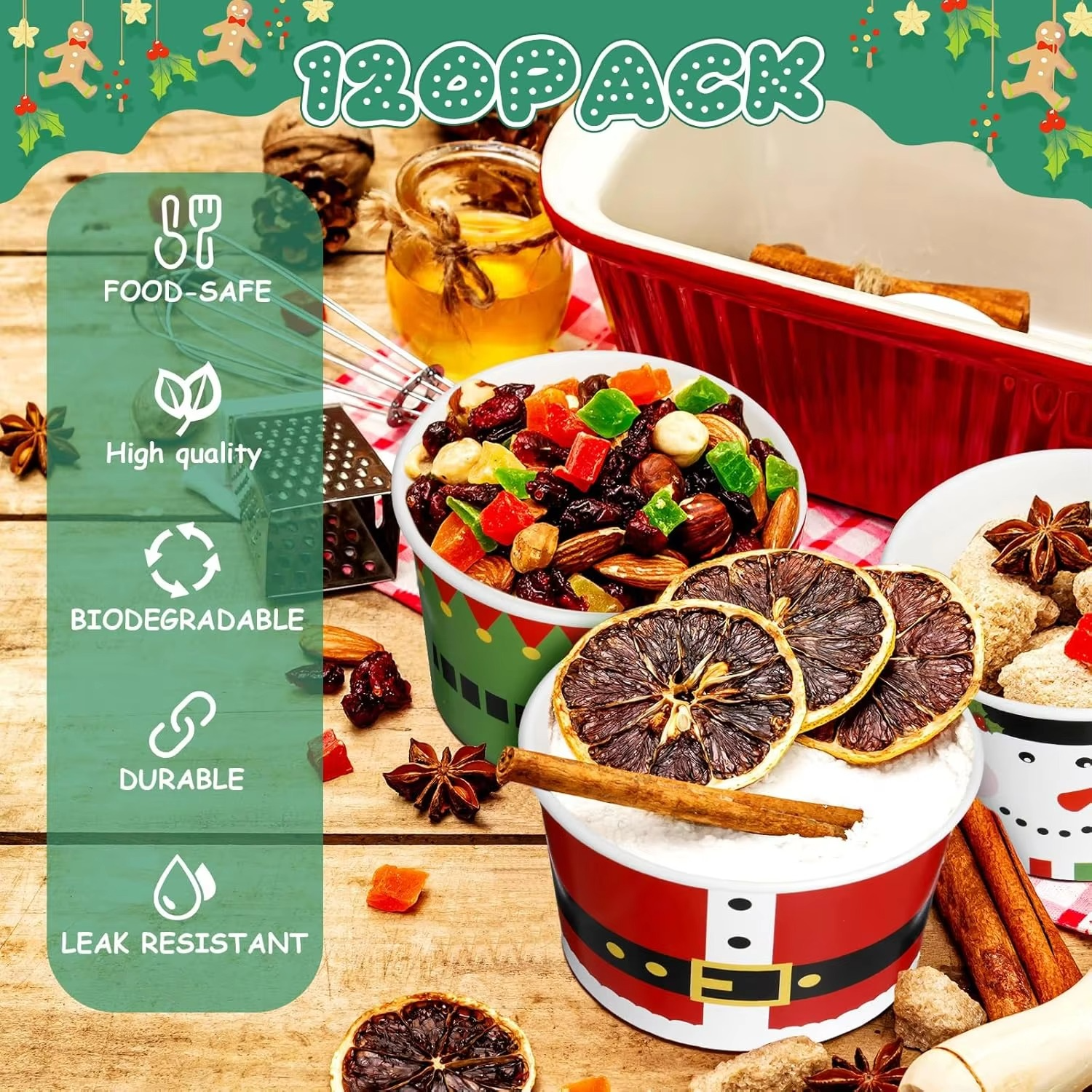 Christmas Ice Cream Bowls Ice Cream Paper Cups Disposable Soup Cups Snack Cups for Kids Picnic Party Decorations for Fruit Hot o