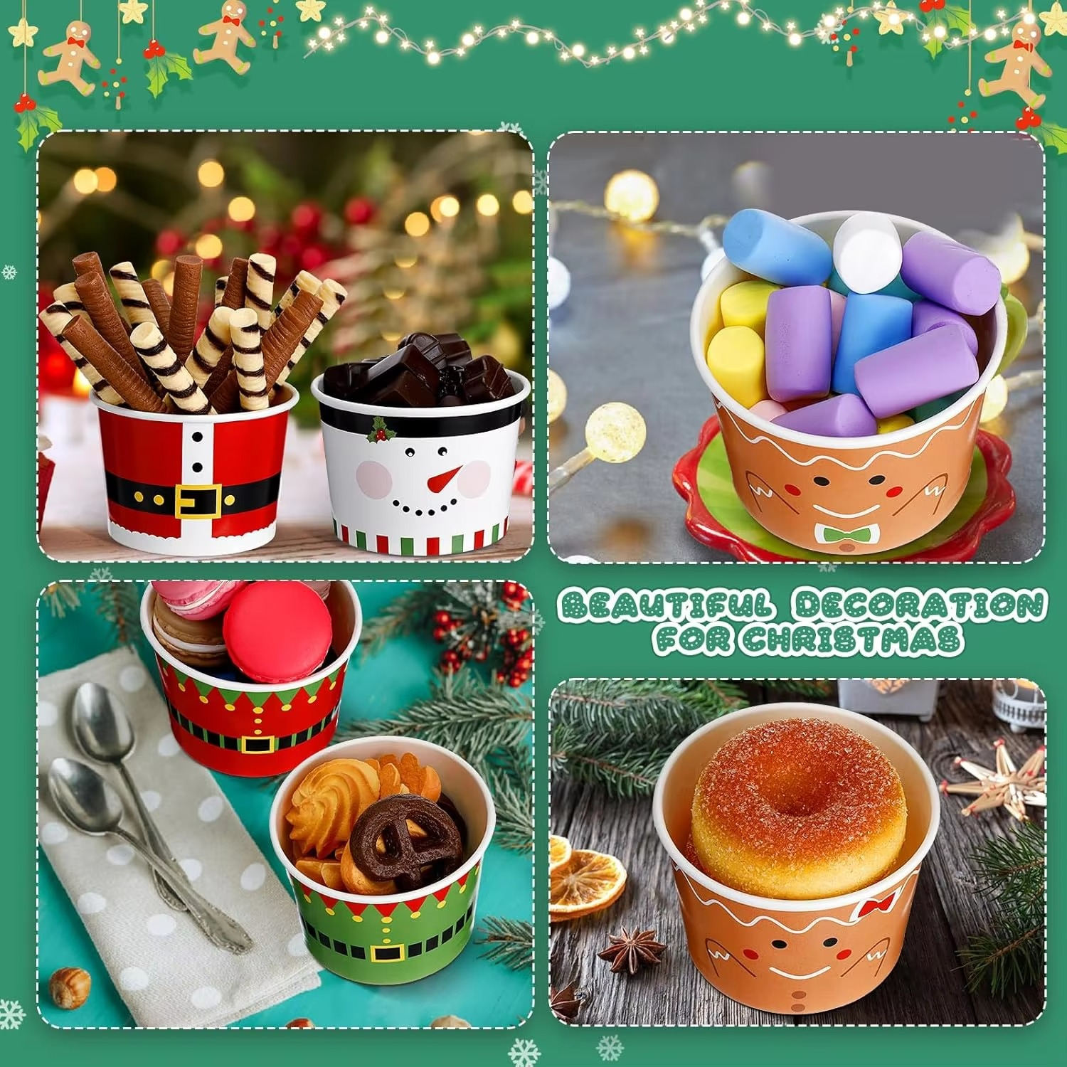 Christmas Ice Cream Bowls Ice Cream Paper Cups Disposable Soup Cups Snack Cups for Kids Picnic Party Decorations for Fruit Hot o