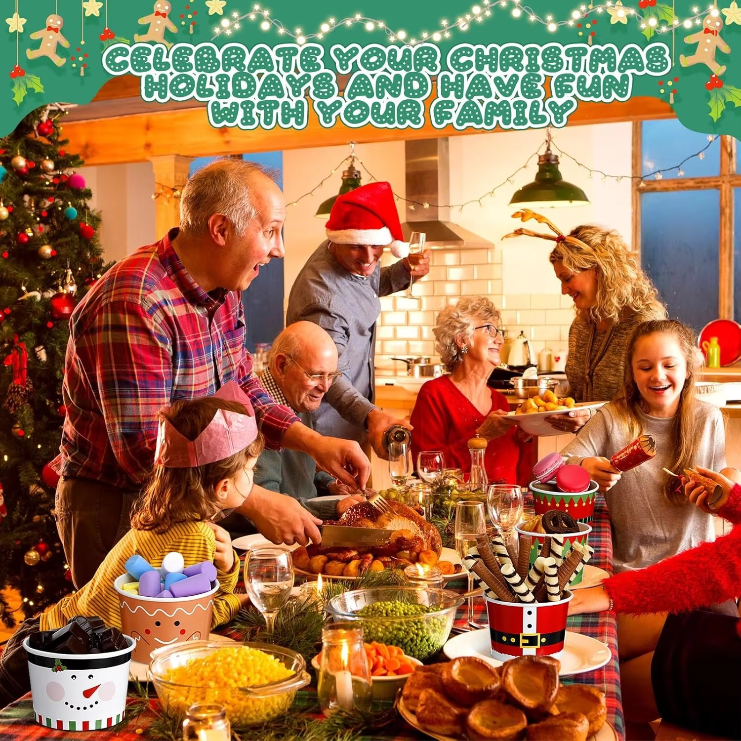Christmas Ice Cream Bowls Ice Cream Paper Cups Disposable Soup Cups Snack Cups for Kids Picnic Party Decorations for Fruit Hot o