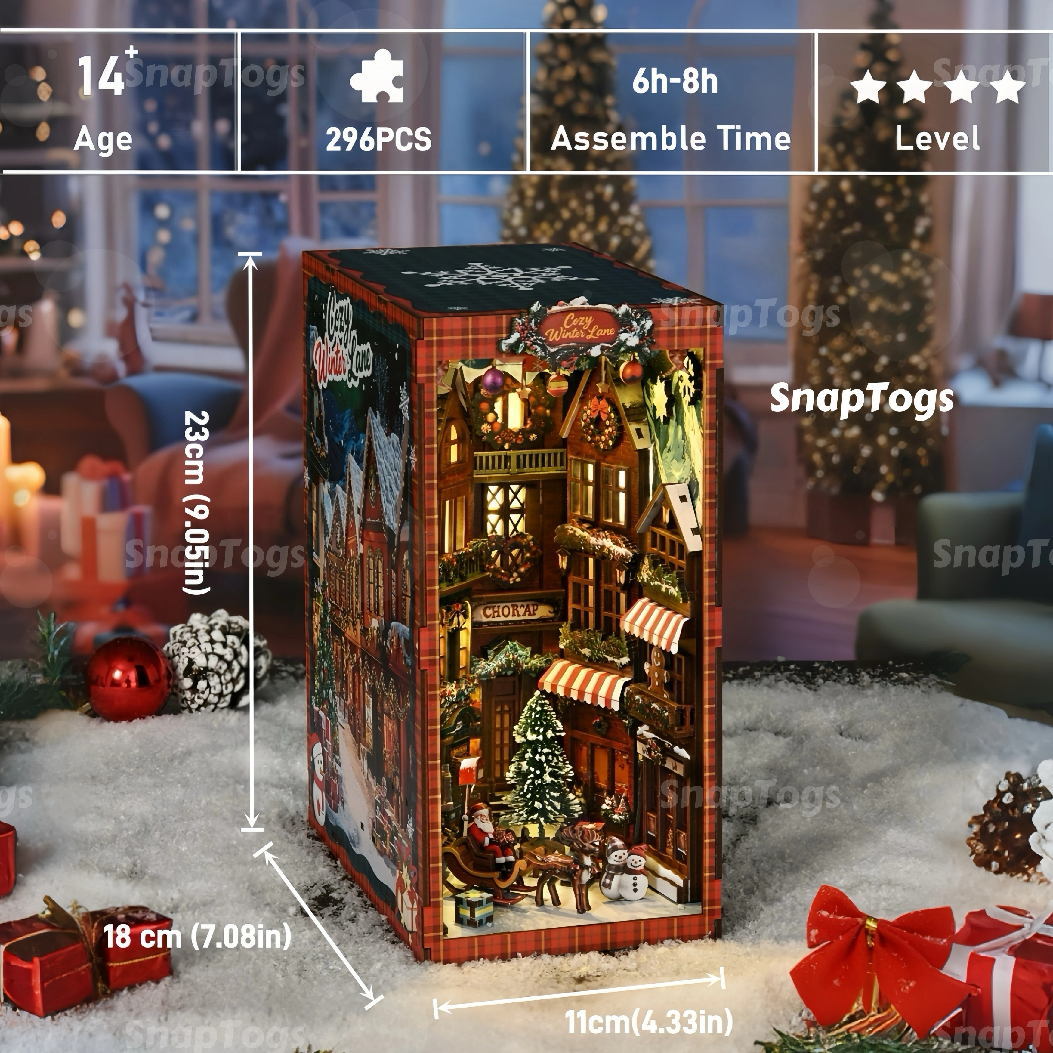 Christmas book nook, DIY wooden miniature house, SnapTogs roombox, Christmas street corner puzzle, holiday bookshelf décor, LED light book nook kit, festive miniature dollhouse, DIY Christmas craft gift, wooden puzzle for adults
