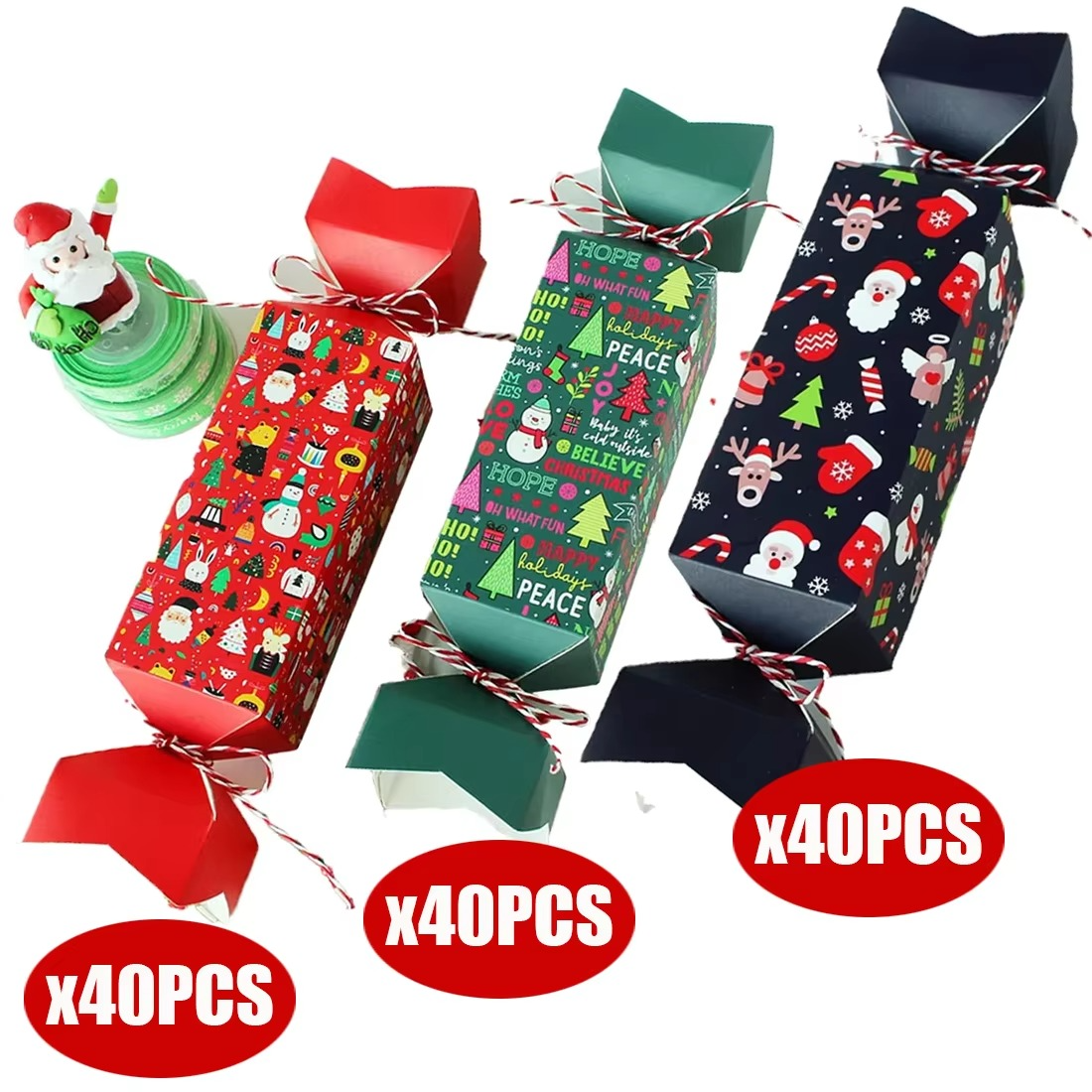 120PCS Candy Box for Christmas with Ribbons DIY Sweets Chocolate Cookie Decoration Party Gift Xmas Wedding Paper Packaging Boxes