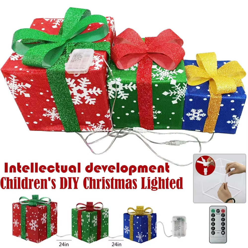 Children's DIY Christmas Lighted Gift Boxes, Christmas Decorations for Indoor Outdoor Decorations,Christmas Tree Skirt Ornament