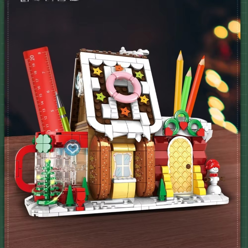 MOC Christmas Winter Holiday Gingerbread House Building Block Set Pen Box Hut Toys For Children Birthday Holiday Special Gifts