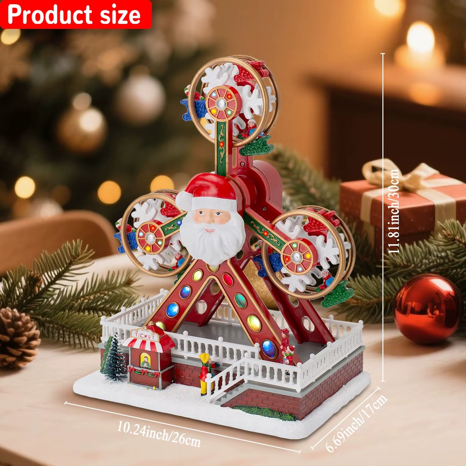 Christmas Ferris Wheel Decoration with Santa Claus Face, LED Lights & Music, Animated Rotating Xmas Ornament for Home Party Gift