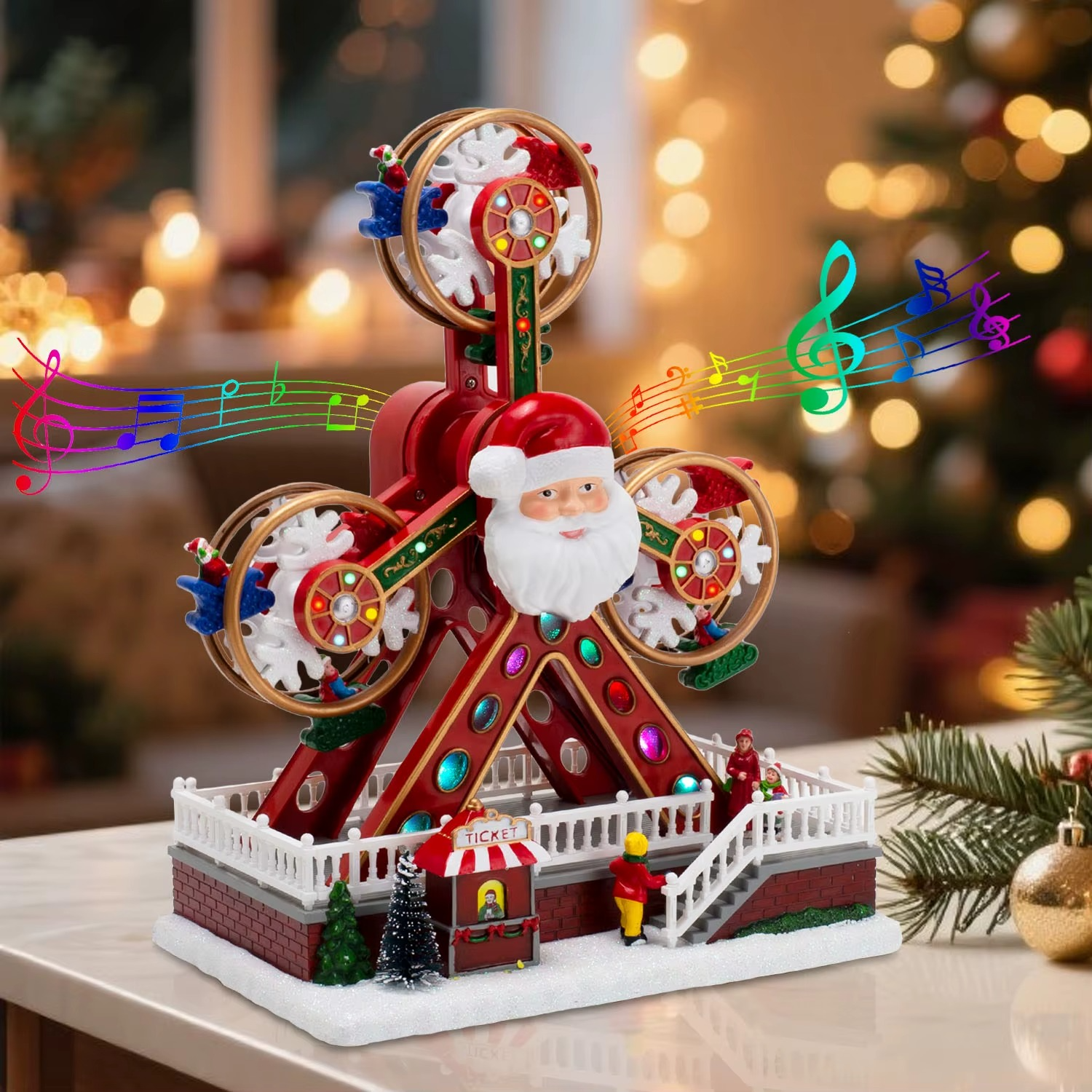 Christmas Ferris Wheel Decoration with Santa Claus Face, LED Lights & Music, Animated Rotating Xmas Ornament for Home Party Gift
