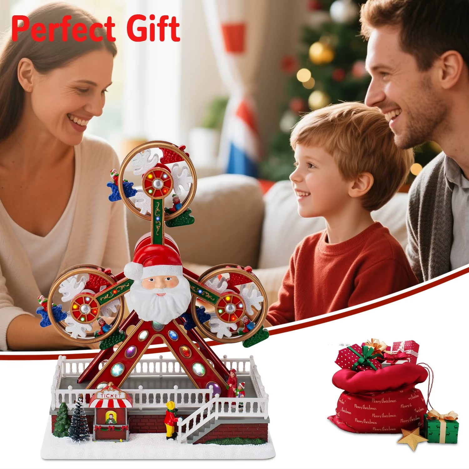 Christmas Ferris Wheel Decoration with Santa Claus Face, LED Lights & Music, Animated Rotating Xmas Ornament for Home Party Gift