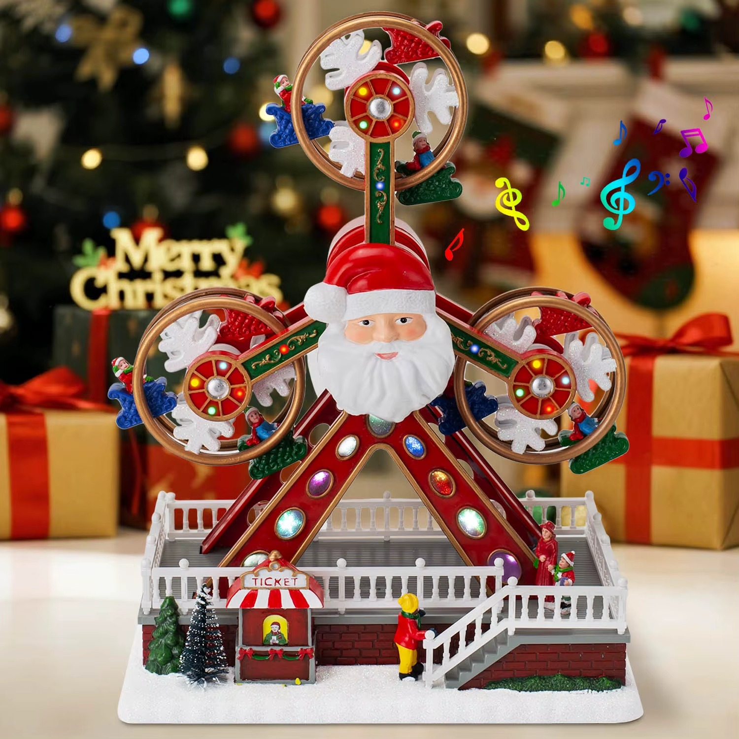 Christmas Ferris Wheel Decoration with Santa Claus Face, LED Lights & Music, Animated Rotating Xmas Ornament for Home Party Gift
