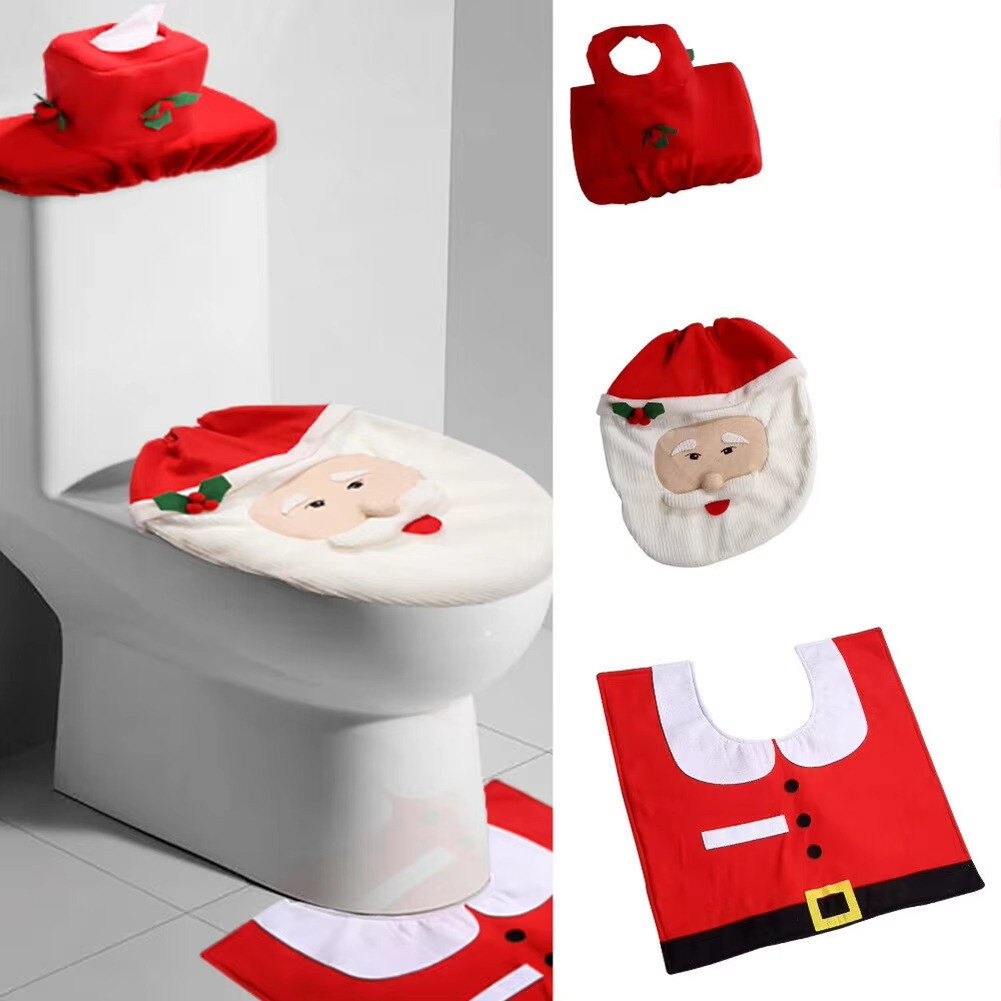 3pcs Christmas Bathroom Decorations Sets Xmas Supplies Santa Toilet Seat Cover Rug Toilet Tank Cover Best Gift Xmas Home Decor