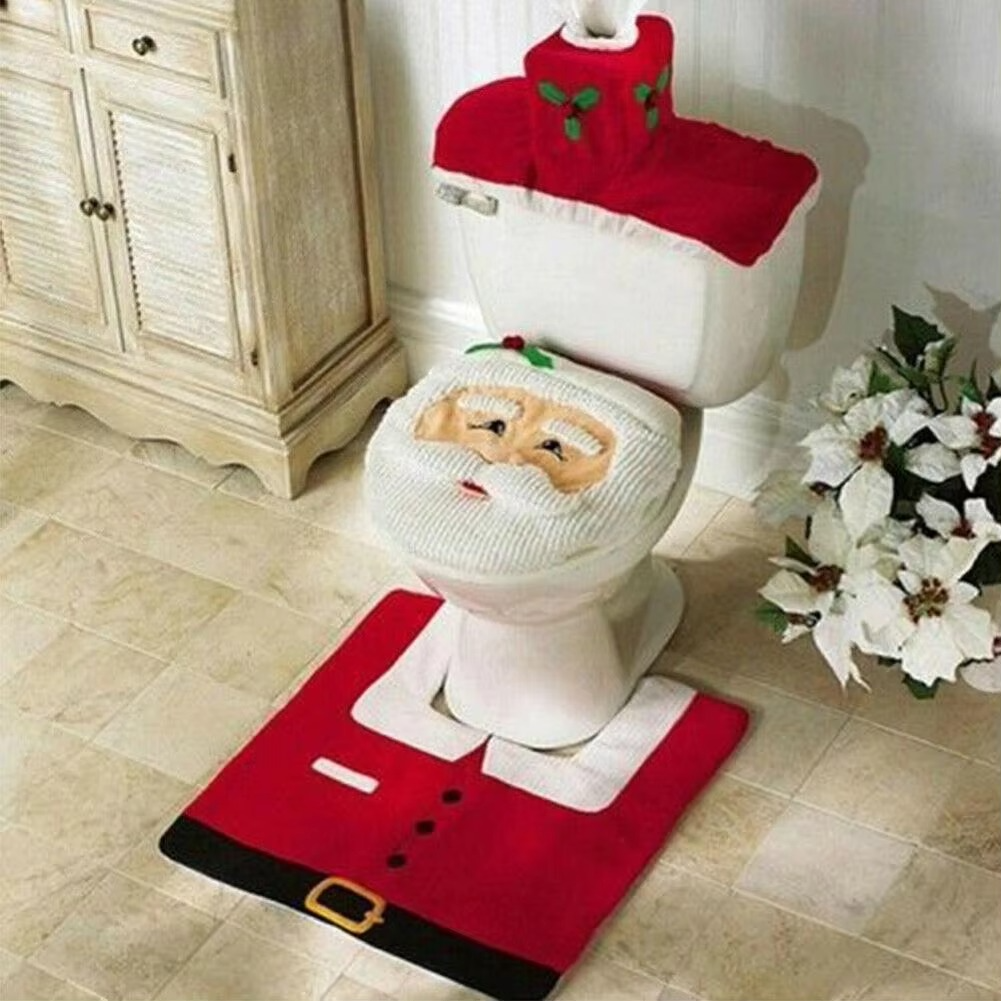 3pcs Christmas Bathroom Decorations Sets Xmas Supplies Santa Toilet Seat Cover Rug Toilet Tank Cover Best Gift Xmas Home Decor