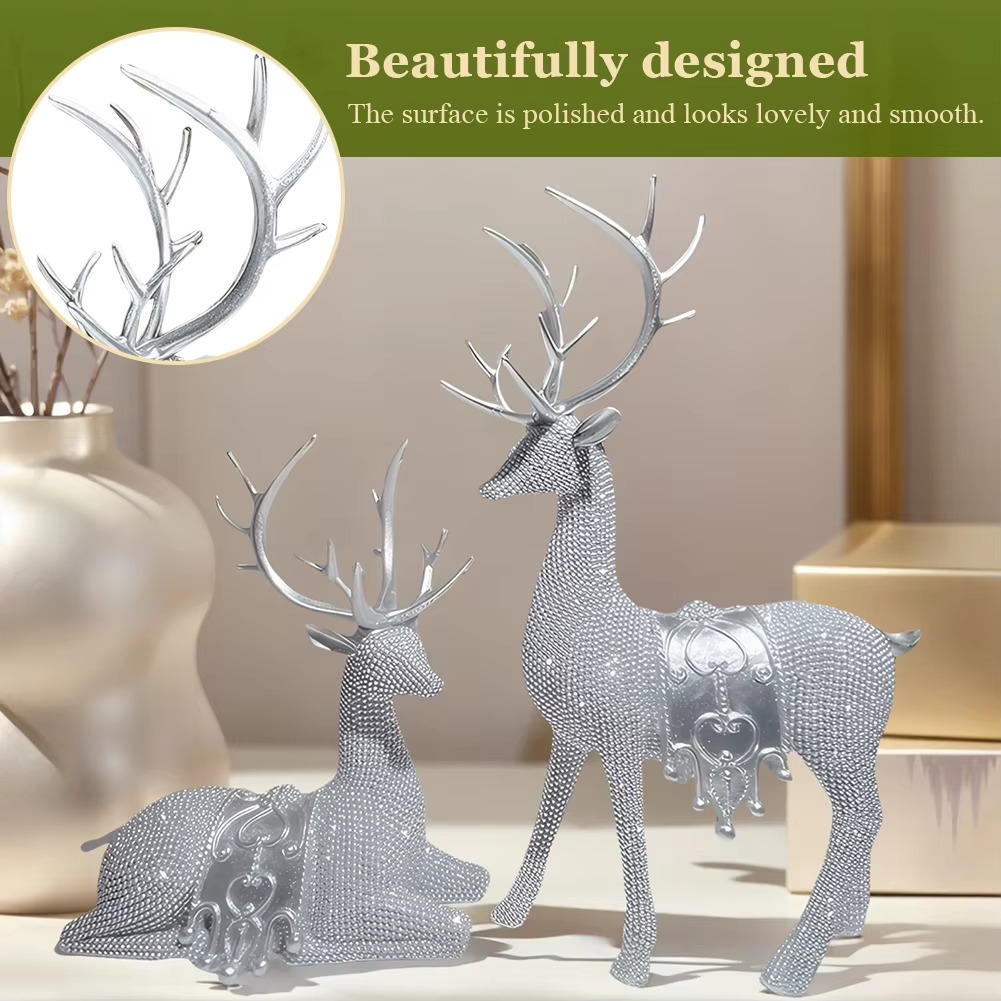 2pcs Beaded Deer Figurines Resin Christmas Reindeer Statue Set Christmas Reindeer Figurines for Christmas Holiday Decor