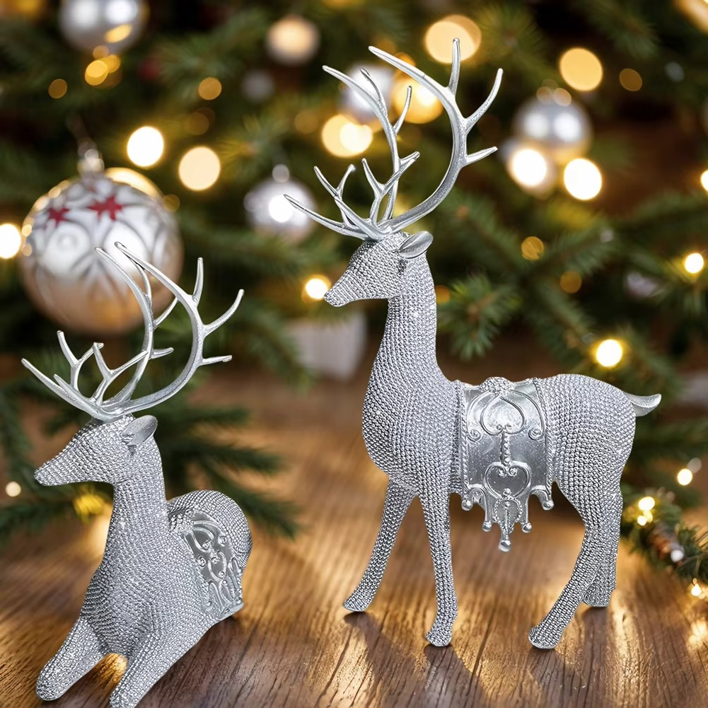2pcs Beaded Deer Figurines Resin Christmas Reindeer Statue Set Christmas Reindeer Figurines for Christmas Holiday Decor