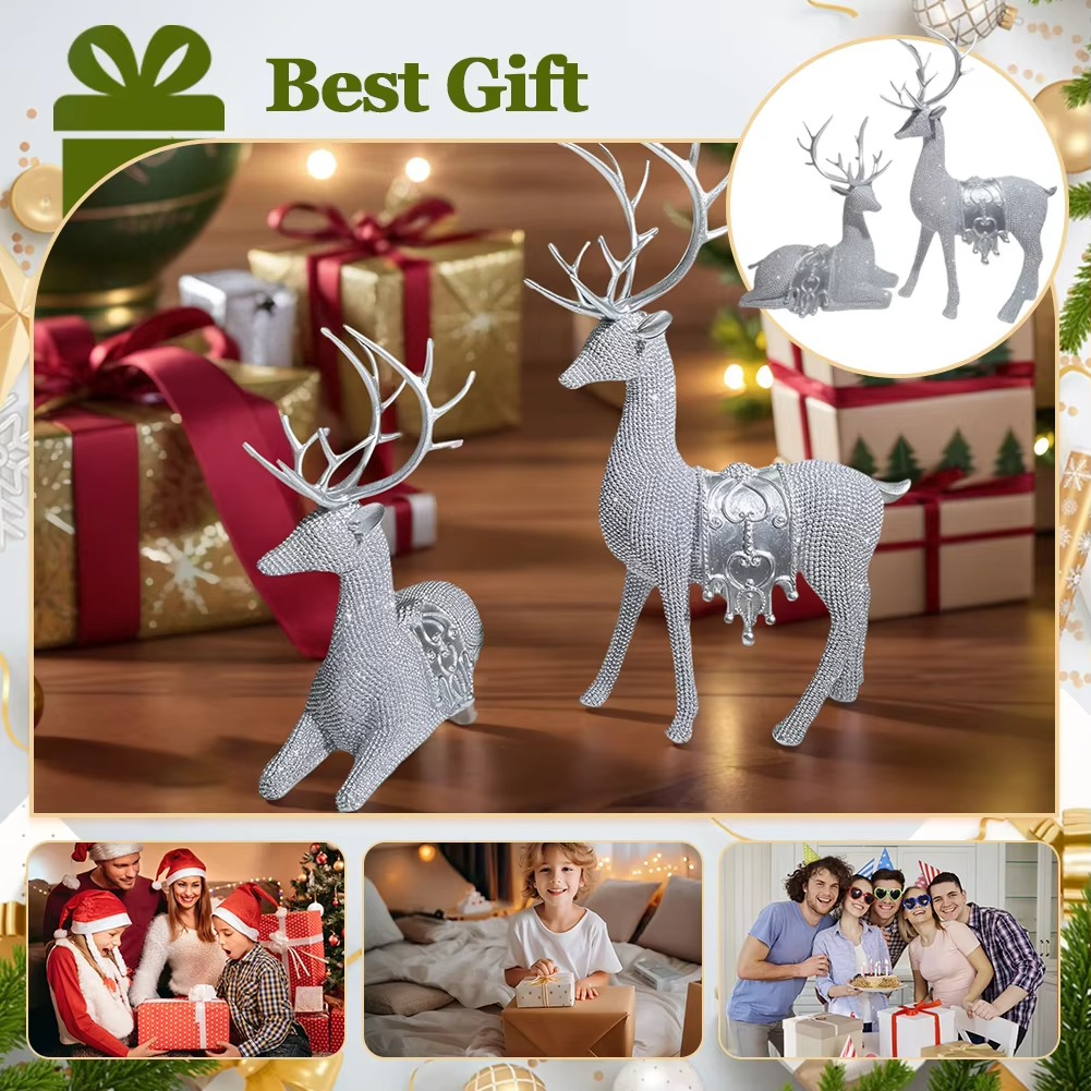 2pcs Beaded Deer Figurines Resin Christmas Reindeer Statue Set Christmas Reindeer Figurines for Christmas Holiday Decor