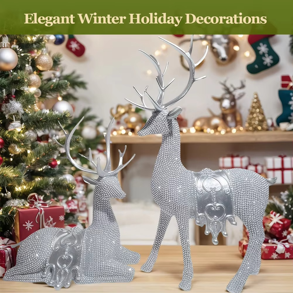 2pcs Beaded Deer Figurines Resin Christmas Reindeer Statue Set Christmas Reindeer Figurines for Christmas Holiday Decor