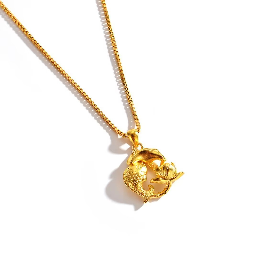AU999 Gold Hollow Necklace Pendant Rich Koi Necklace 24K Real Gold Retro Fragrance Goldfish Women's Pendant