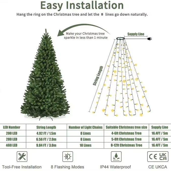 400LED Christmas Tree Topper Star Waterfall Lights Timer Outdoor Garden Memory Fairy String Lights Garland Holiday Lighting