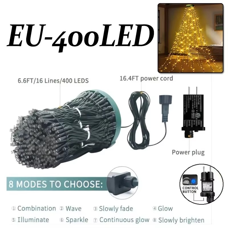 400LED Christmas Tree Topper Star Waterfall Lights Timer Outdoor Garden Memory Fairy String Lights Garland Holiday Lighting