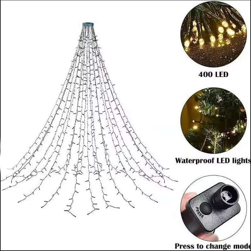 400LED Christmas Tree Topper Star Waterfall Lights Timer Outdoor Garden Memory Fairy String Lights Garland Holiday Lighting