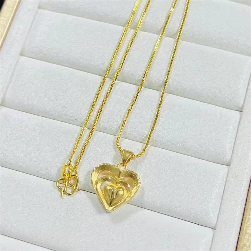 Light luxury 24K real gold multi-layer love collarbone necklace sweet peach heart pendant au9999 pure gold versatile fashion