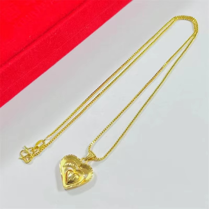 Light luxury 24K real gold multi-layer love collarbone necklace sweet peach heart pendant au9999 pure gold versatile fashion