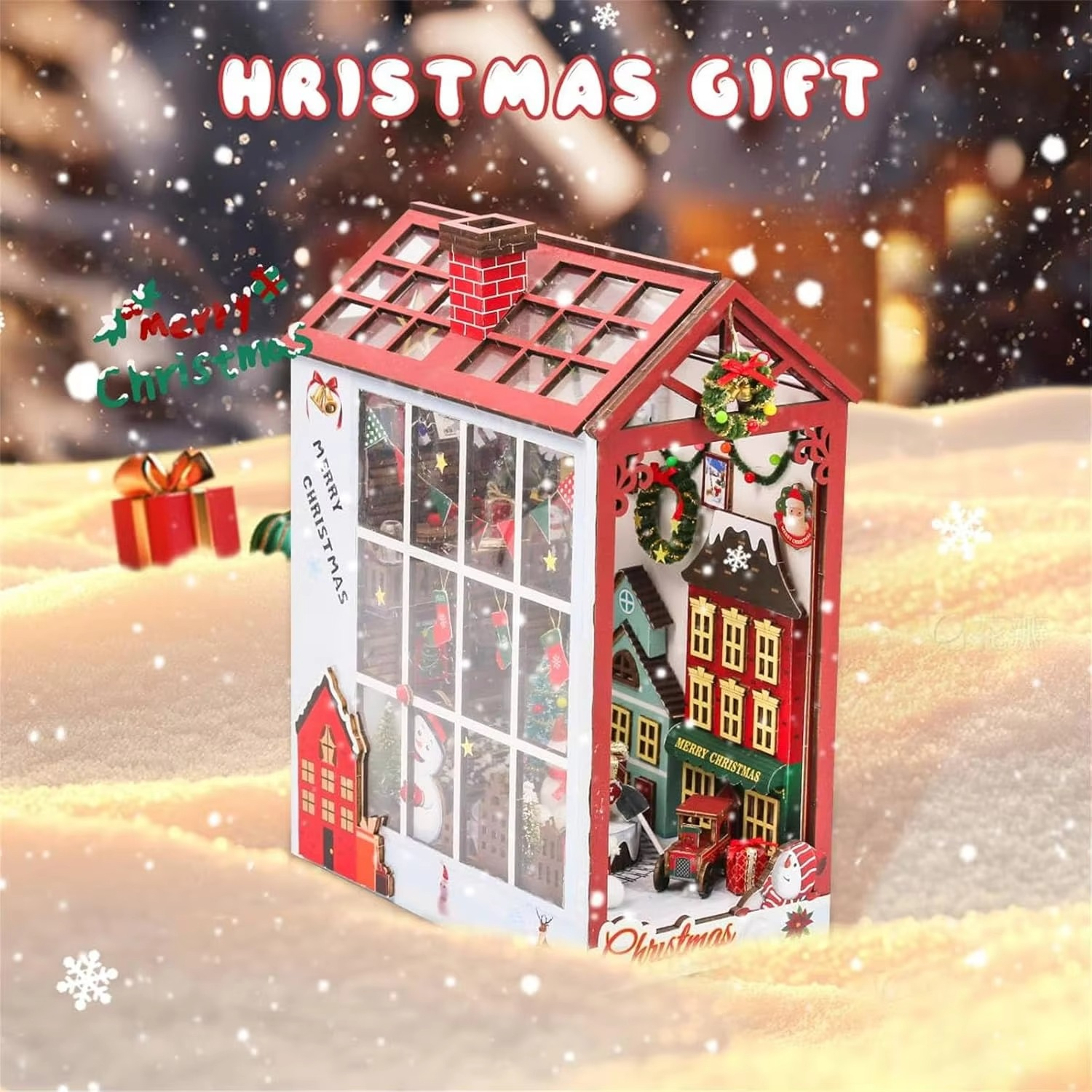 DIY Miniature House Kit with LED Lights - 3D Book Nook Kit Wooden Puzzle for Adults, Christmas Craft Decor, Creative Book Lovers
