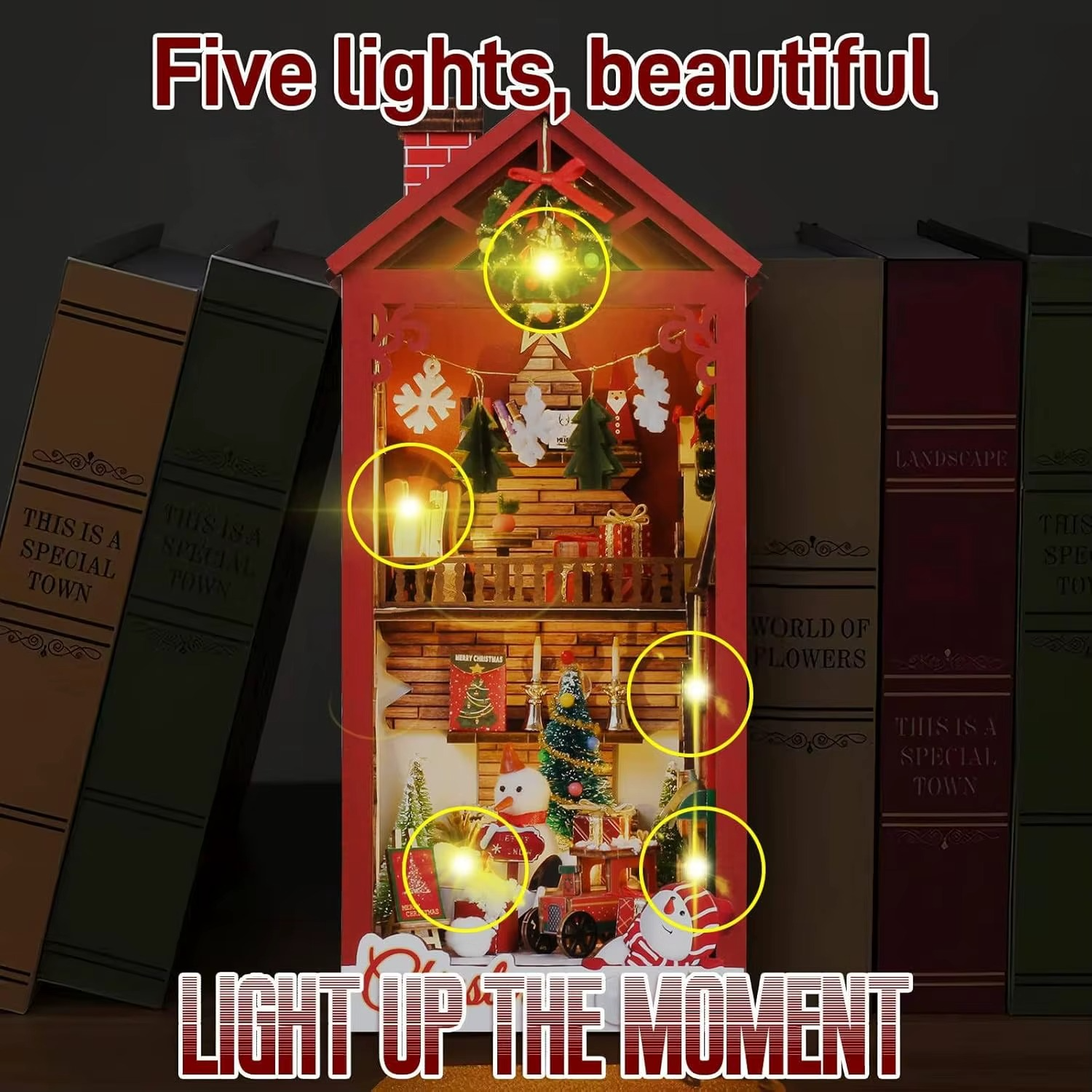 DIY Miniature House Kit with LED Lights - 3D Book Nook Kit Wooden Puzzle for Adults, Christmas Craft Decor, Creative Book Lovers