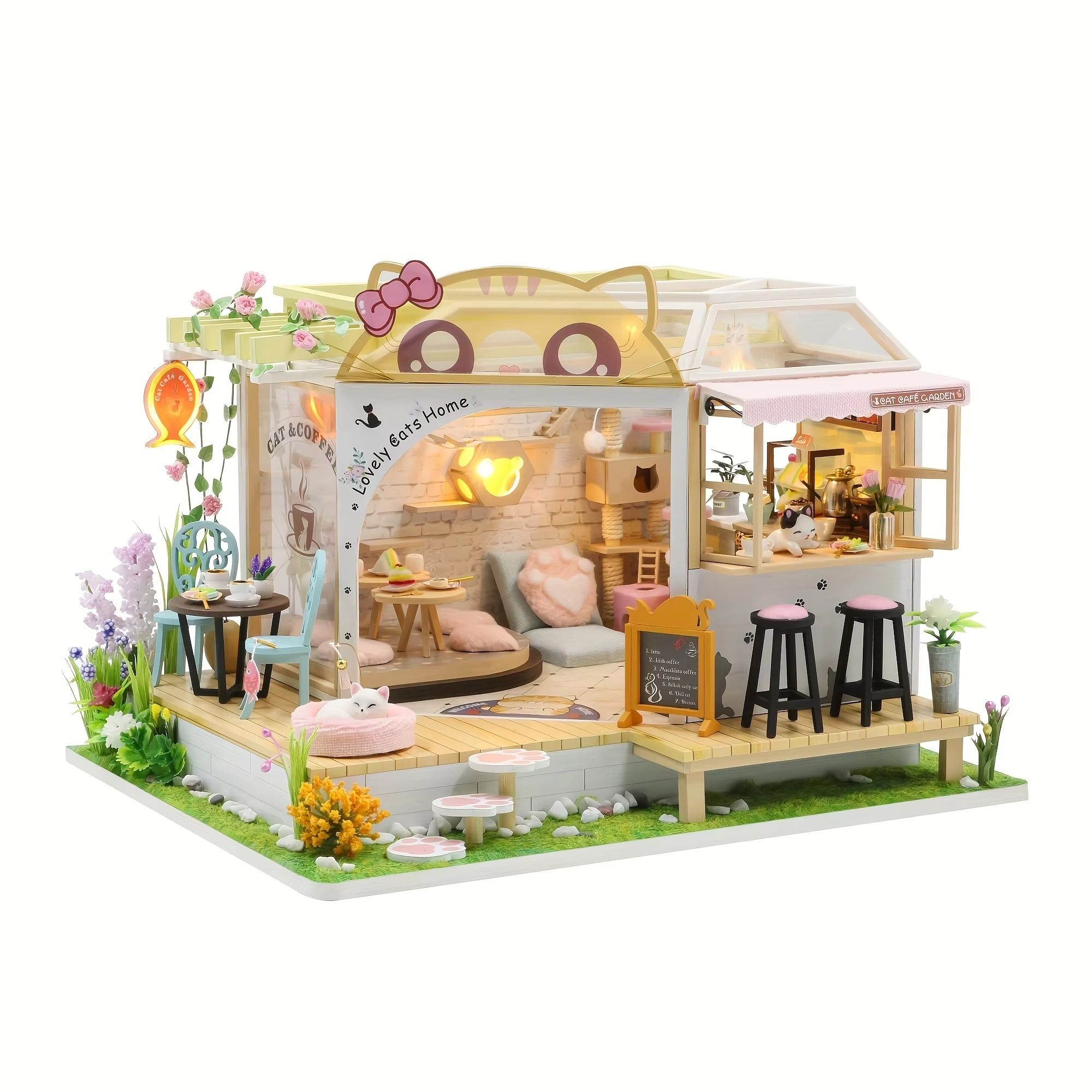 Cat Café DIY Wooden Model House Kit - 3D Puzzle Assembly,Handmade Miniature Home Decor,Christmas gift Creative Gifts