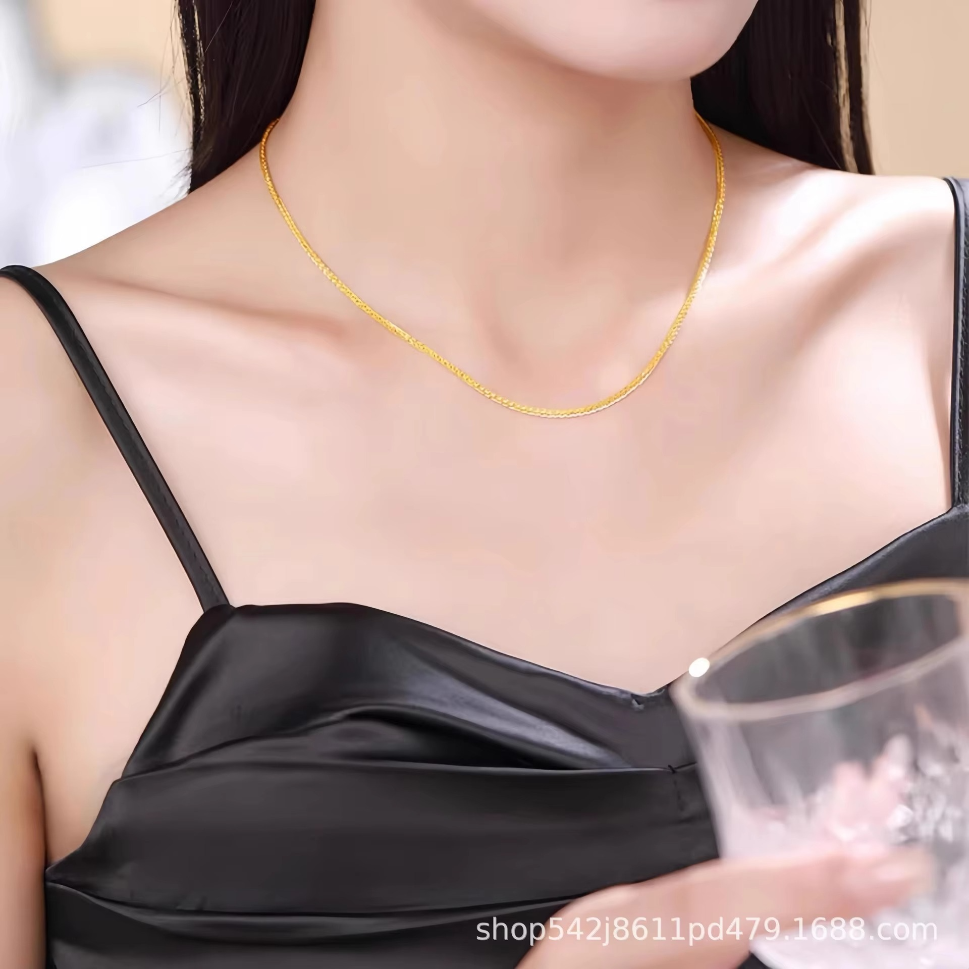 Simple and stylish 9999 24K real gold chain interlocking Chopin chain necklace clavicle chain