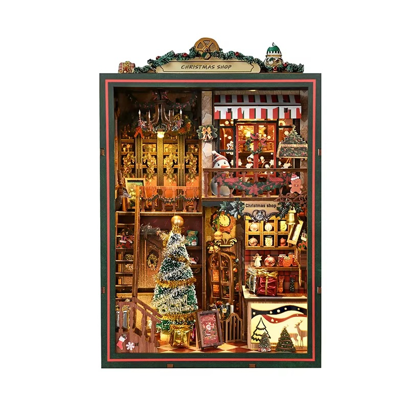 DIY Wooden Christmas Shop Book Nook Figurines Miniatures Bookend Handmade Bookshelf for Friends Birthday Gifts Home Decor Crafts