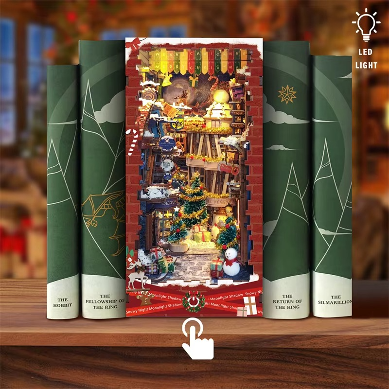 DIY Book Nook Merry Christmas Bookend Wooden Miniature Model Kit with Led Lights Handmade Bookshelf for Friends Birthday Gifts