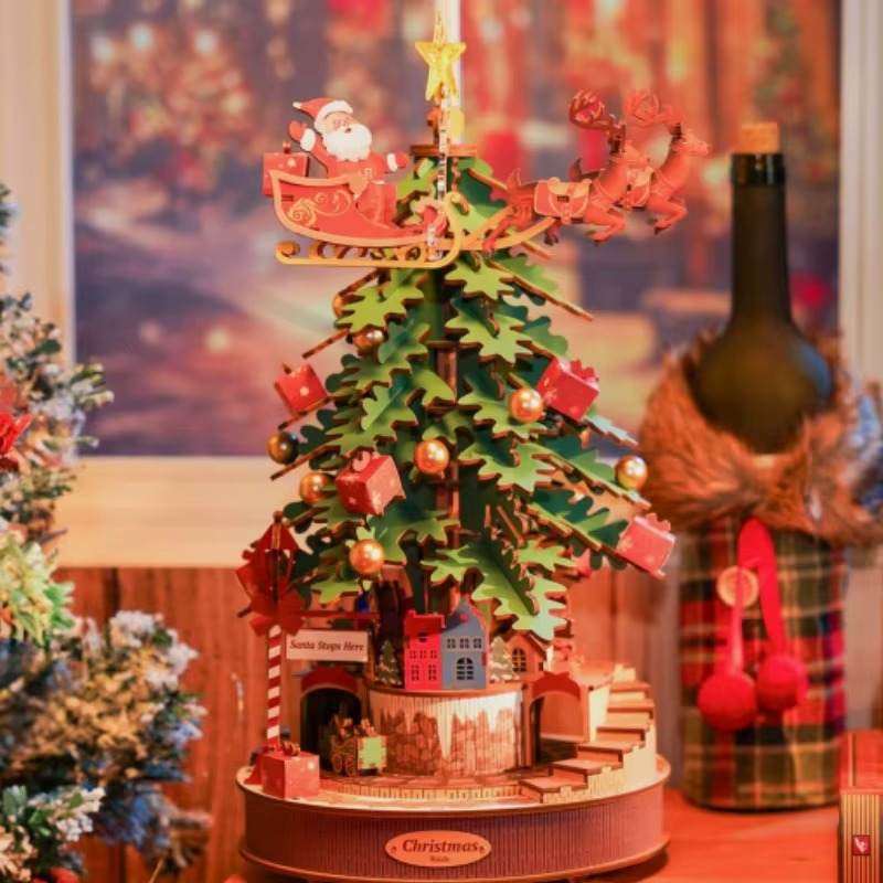 Robotime 3D Wooden Puzzles Music Box Christmas Melody Tree Wooden Model Kits for Adults to Build Best Gifts for Adults and Kids